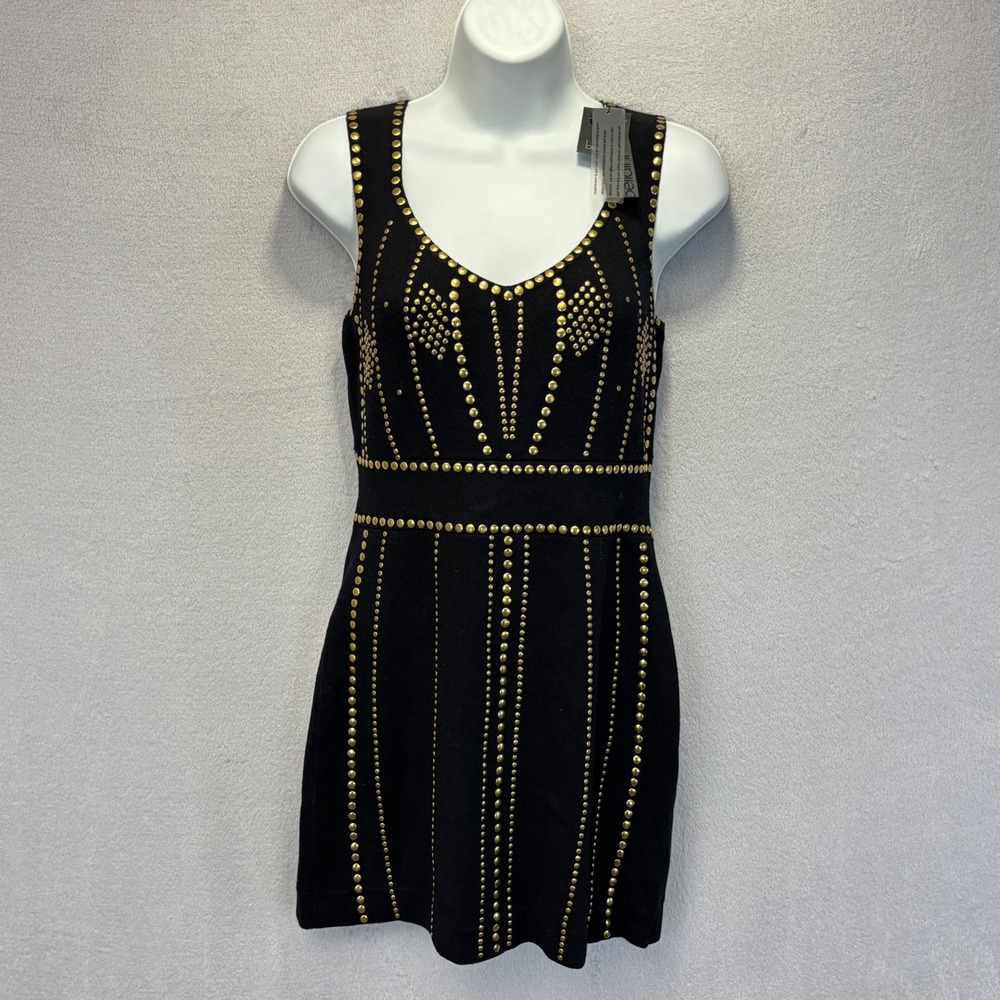 NWT Belldini Gold Studded Bodycon Dress Womens Medium Black Knit Mini LBD Party